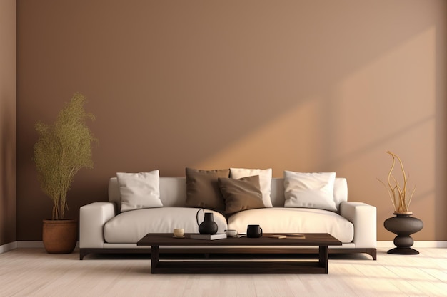 Salon z ciemnobrązową kanapą i beżowymi ścianami