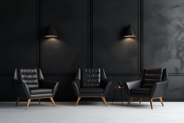 Salon z czarnymi fotelami i czarnymi ścianami
