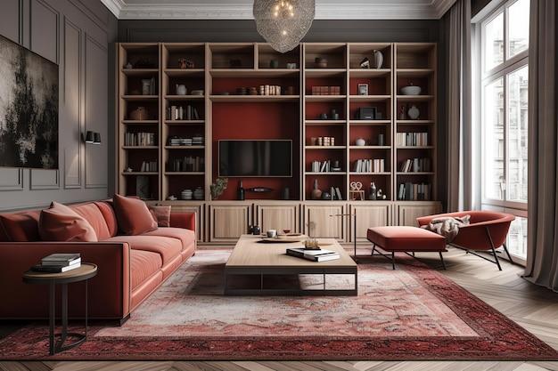 Salon z czerwoną kanapą i czerwonym dywanikiem.