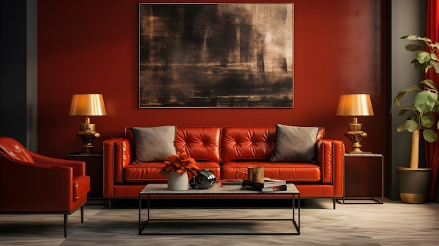 salon z czerwoną kanapą i dwoma krzesłami śródziemnomorski wnętrze przestrzeń robocza z głęboko czerwonym kolorem