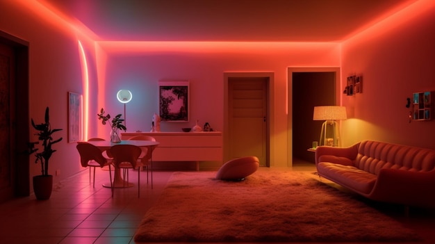 Salon z czerwonym światłem na ścianie i stołem z lampą.