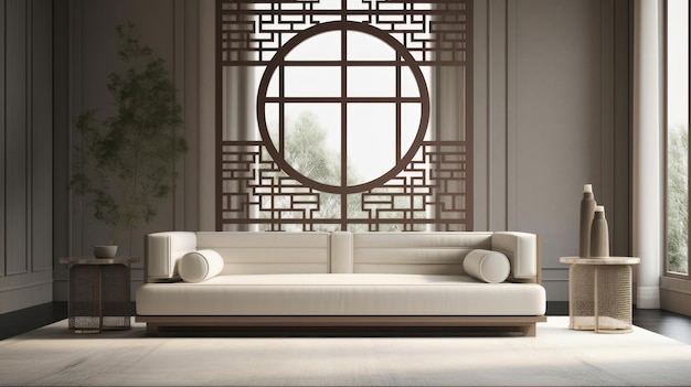 Salon z dużym oknem i sofą w stylu chińskim.
