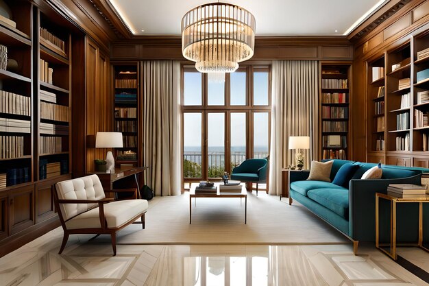 Salon z dużym żyrandolem i kanapą z niebieską sofą i dużym oknem z widokiem na ocean.