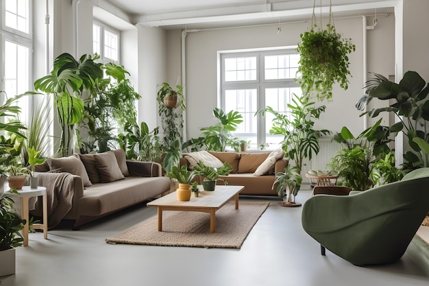 Salon z kanapą i kanapą z zieloną rośliną na ścianie.