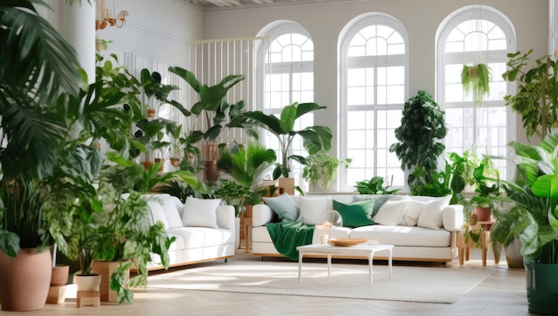Salon z kanapą i roślinami
