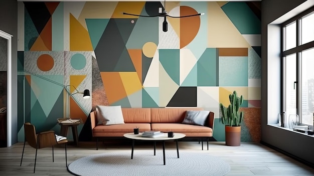 salon z kanapą i ścianą z kolorowym tłem.