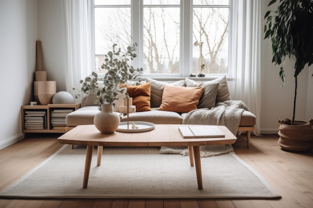 Salon z kanapą i stolikiem kawowym z białym dywanikiem i oknem z napisem „dom”.