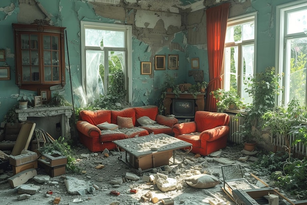 Salon z kanapą, stołem i telewizorem jest w stanie bałaganu z śmieciami i szczątkami rozrzuconymi po trzęsieniu ziemi.
