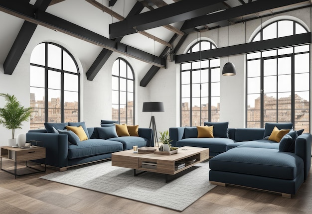 Salon z kanapami w stylu loft flat 3d rendering