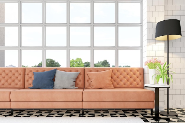 Salon z luksusową pomarańczową skórzaną sofą i czarną lampą podłogową renderowania 3d