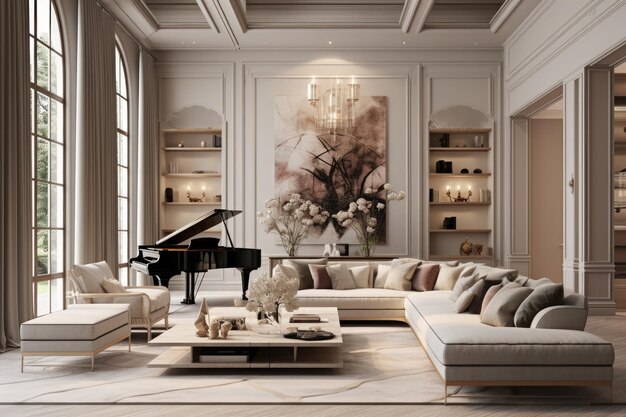 Salon z luksusowym i elegancko zaprojektowanym neutralnym wnętrzem w układzie poziomym