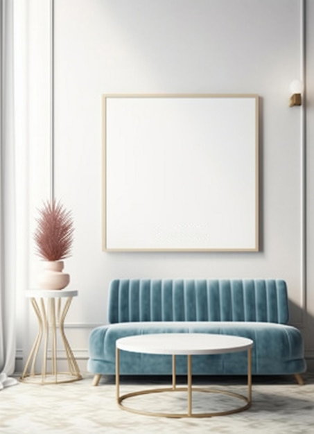 Salon z niebieską kanapą i białym stołem z wazonem.