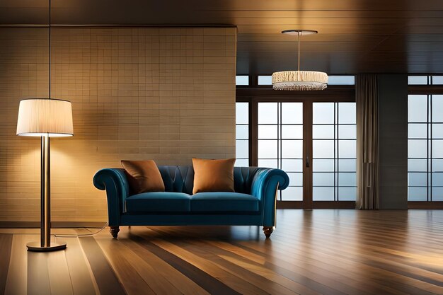Salon z niebieską kanapą i lampą
