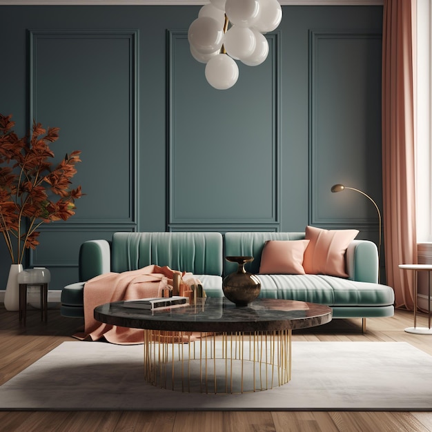 Salon z niebieską ścianą i kanapą z poduszkami.