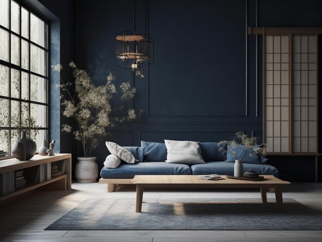 Salon z niebieską ścianą i kanapą z poduszkami.