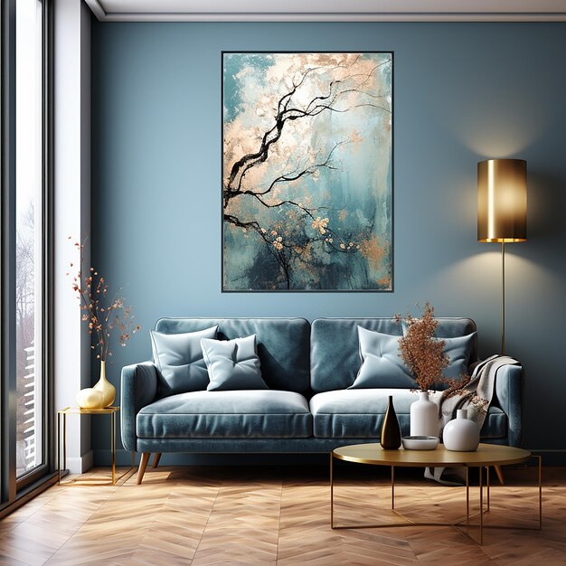 salon z niebieską ścianą i obrazem drzewa na ścianie.