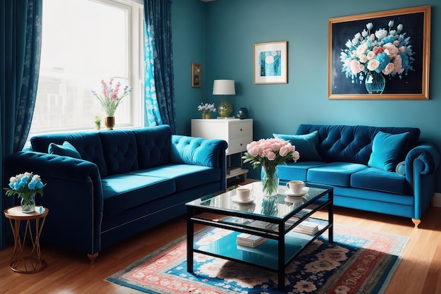 Salon z niebieską sofą i niebieską kanapą.