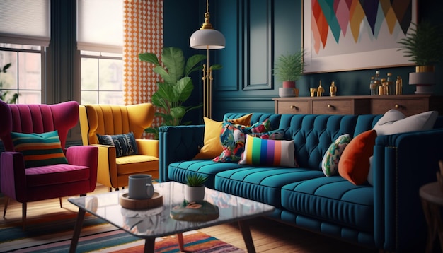 Salon z niebieską sofą i żółtym krzesłem.