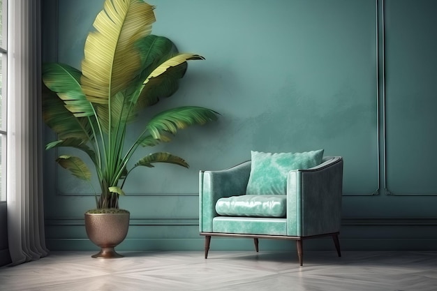 Salon z niebieskim krzesłem i rośliną