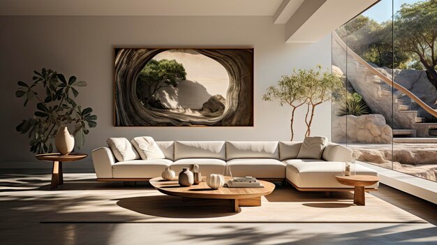 salon z obrazem na ścianie i kanapą z obrazem drzewa na ścianie.