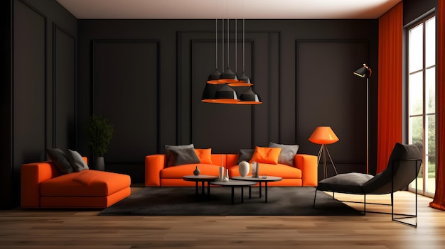 Salon z pomarańczowymi sofami i stolikiem kawowym