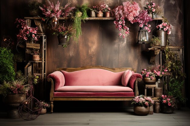 salon z różową kanapą i kwiatami na ścianie
