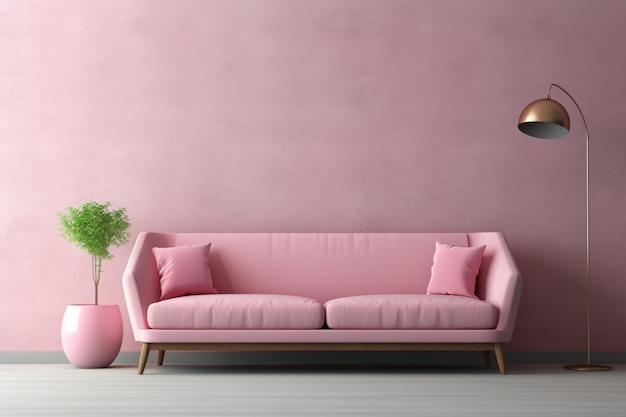Salon z różową kanapą.