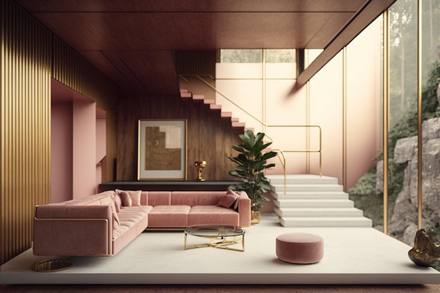Salon z różową sofą i dużym oknem z dużym świetlikiem.