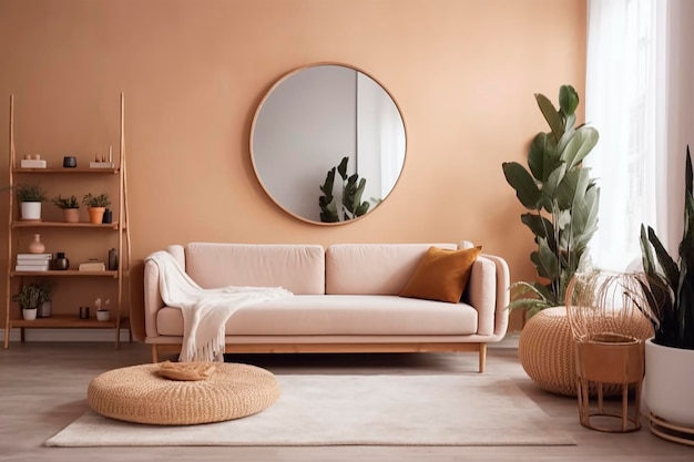 Salon z sofą i rośliną na ścianie.