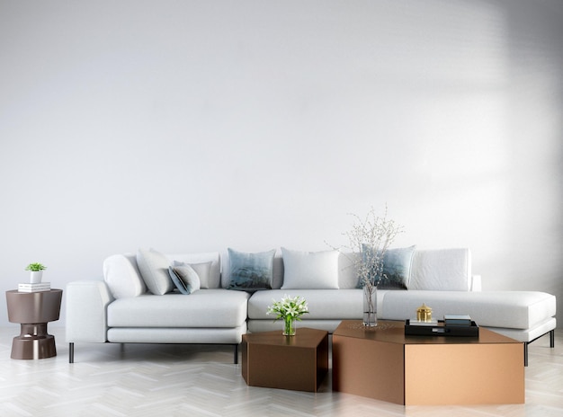 Zdjęcie salon z sofą i zaprojektuj białą ścianę
