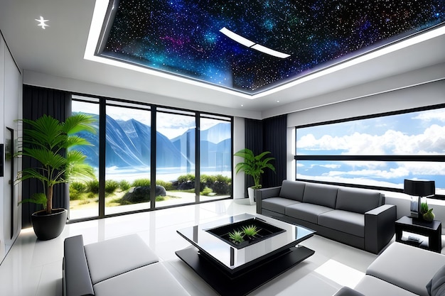 Zdjęcie salon z sufitem, nad którym widać rozgwieżdżone niebo.
