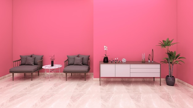 Zdjęcie salon z szarą sofą i stołem w przedpokoju z akcesoriami i różowymi ścianami