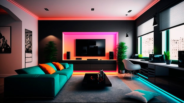 Salon z telewizorem i kanapą z niebieską sofą i telewizorem z telewizorem na ścianie.