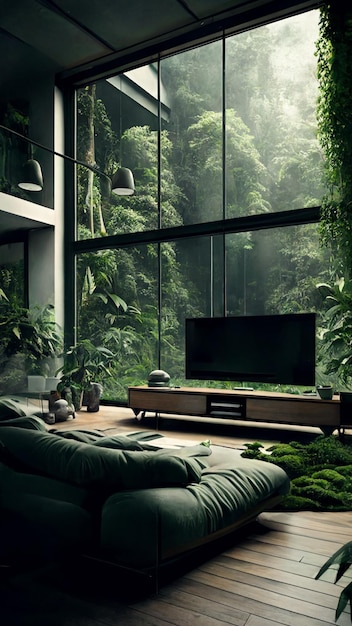Salon z telewizorem i roślinami na ścianie