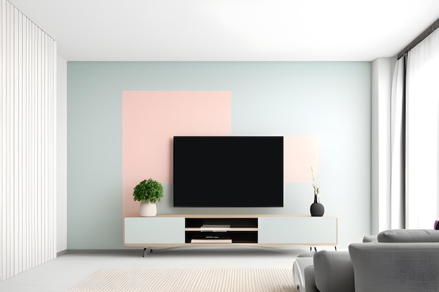 Salon z telewizorem i ścianą z widokiem na wnętrze