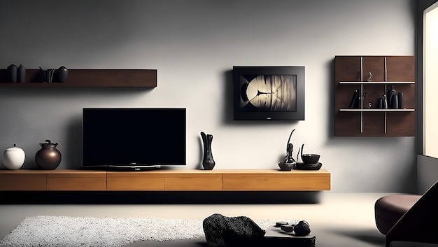 Salon z telewizorem i zamontowanym na ścianie telewizorem z zegarem.