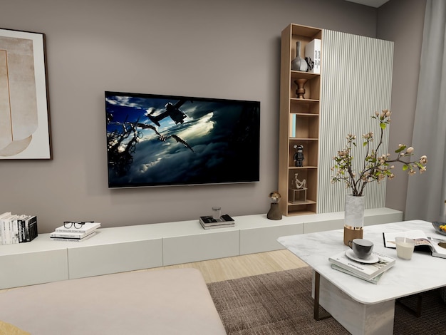 Salon z telewizorem na ścianie i stolikiem kawowym z telewizorem.