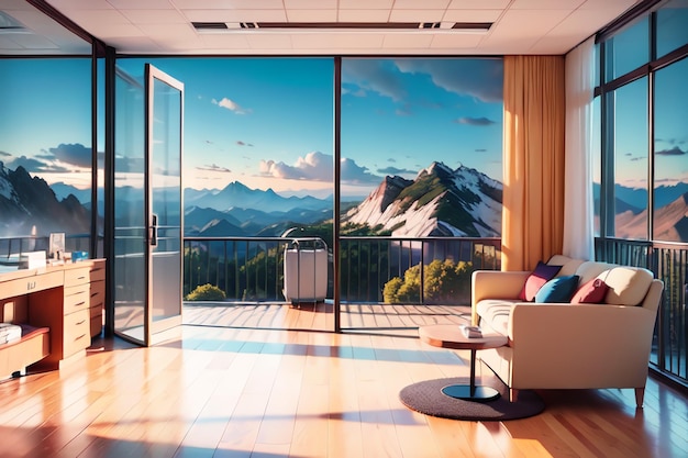 Salon z widokiem na pasmo górskie i oknem z napisem "góra".