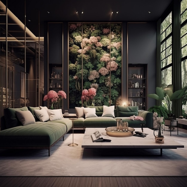 salon z zieloną kanapą i obrazem kwiatów.
