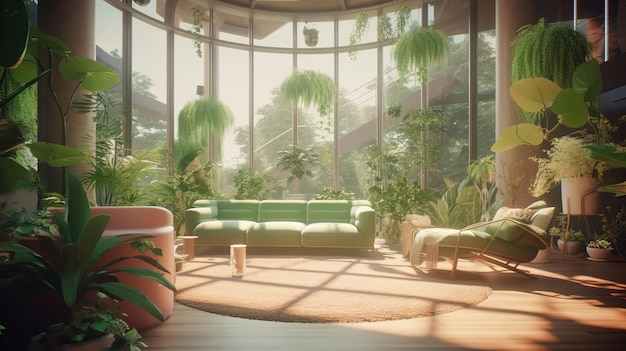 Salon z zieloną kanapą i stolikiem kawowym z roślinami w tle.
