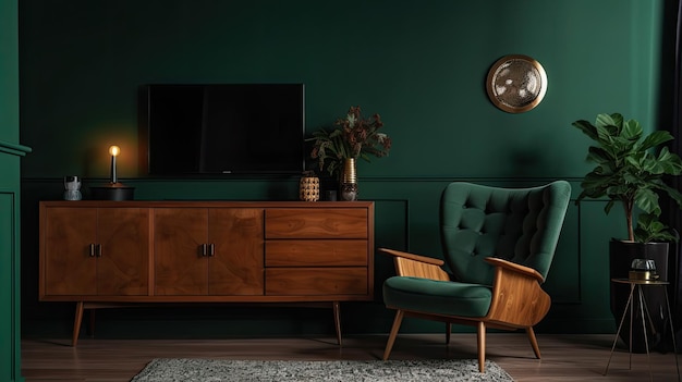 Salon z zieloną ścianą i drewnianym krzesłem przed telewizorem.