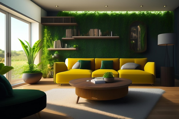 Salon z zieloną ścianą i kanapa z zieloną ścianą, na której rosną rośliny.