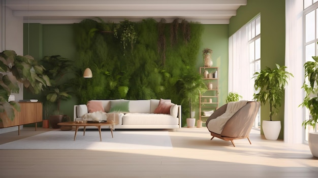 Salon z zieloną ścianą i roślinami na niej