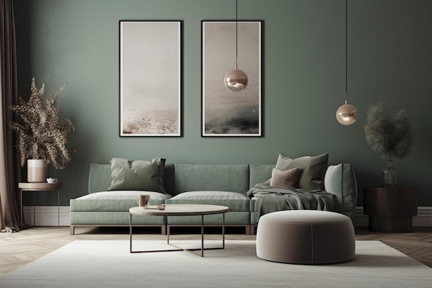 Salon z zieloną ścianą i sofą z dywanikiem i lampą.