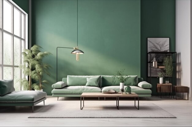 Salon z zieloną ścianą i zieloną kanapą.