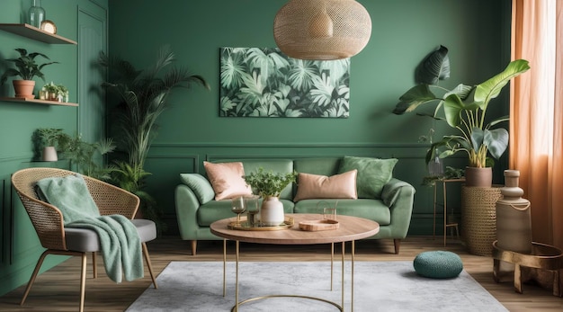Salon z zieloną sofą i zieloną sofą.