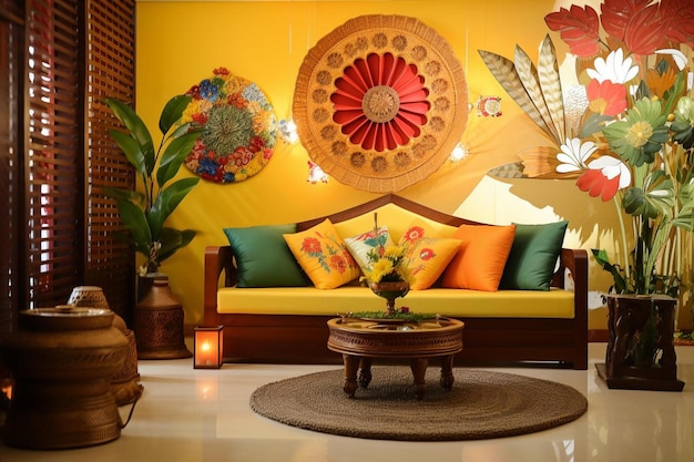 salon z żółtą ścianą z kolorową dekoracją.