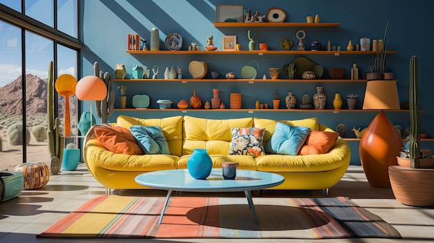 salon z żółtą sofą i tapetą w niebiesko-białe paski.