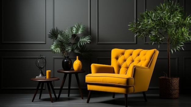 Salon z żółtym fotelem na pustej ciemno niebieskiej ścianie tło 3D generowane przez AI