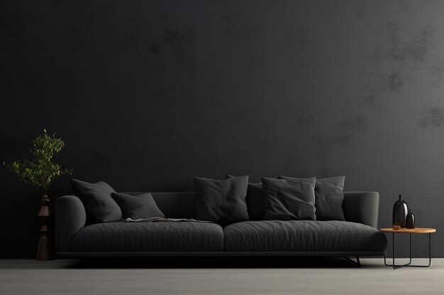 Salon z zwykłą czarną kanapą i szarymi ścianami
